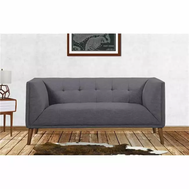 Hudson Mid-Century Button-Tufted Loveseat in Dark Gray Linen Walnut Legs