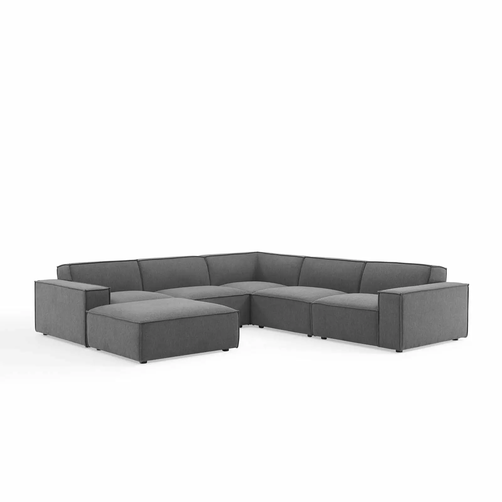 Modular Sectional Sofa Set. Charcoal Grey Gray. Fabric. Modern Contemporary French Country. Living Lounge Cafe Room Hotel Lobby Hospitality