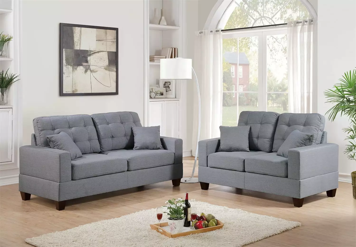 2 Piece Living Room Sectional Sofa Set. Modern Faux Leather Tufted Back Upholstered Sofa Couch Furniture. Classic Mid-Century Arm Sofa with 4 Pillows. Loveseat & Sofa Chair. Grey