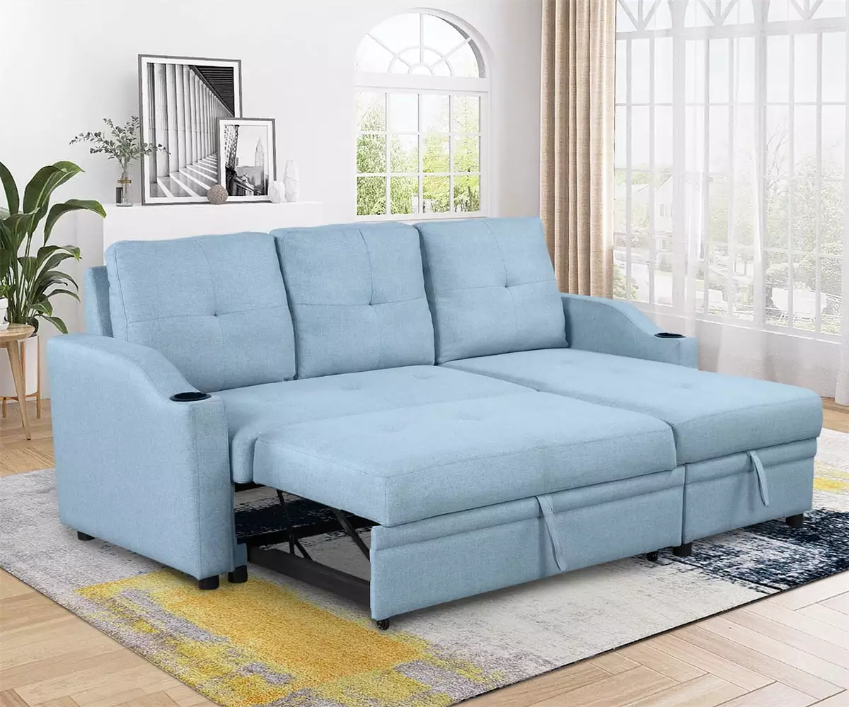 Pull Out Sofa Bed.Upholstered Convertible Sofa Couch.Pull Out Bed Sleeper Sofa.3 Seater Couch with Storage Chaise and Cup Holder.Linen Fabric Sleeper Sofa Couch for Living Room Apartment.Blue