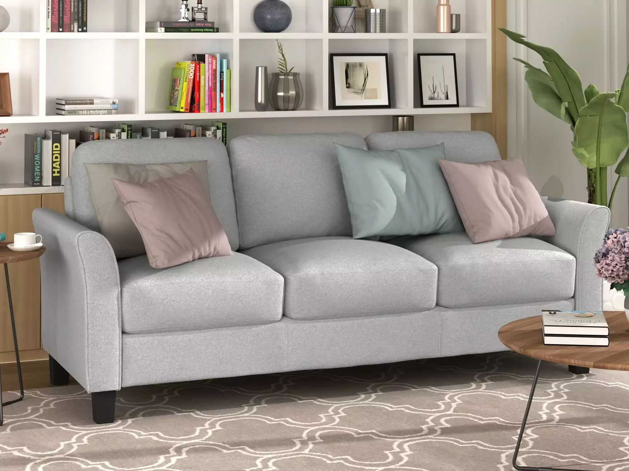 [ US IN STOCK] 3-Seat Sofa Living Room Linen Fabric Sofa (Light Gray)