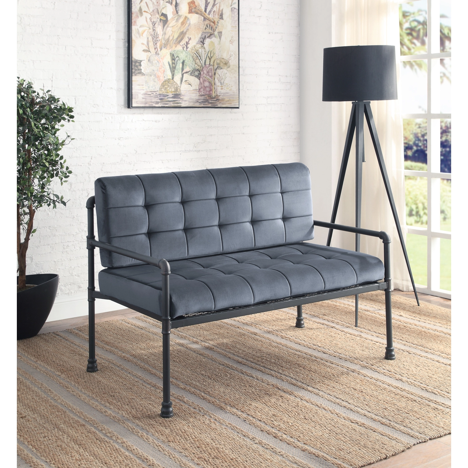 Miekor Furniture Brantley Loveseat In Gray Velvet & Sandy Gray Finish