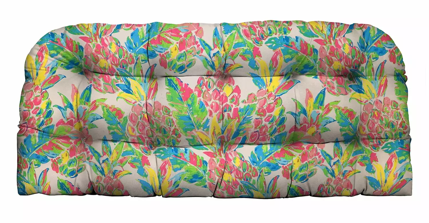 RSH D??cor Indoor Outdoor Multi Color Print Single 41x19 Tufted Wicker Loveseat Settee Weather Resistant. Vida Garden Pink Yellow Green Lilly Pineapple