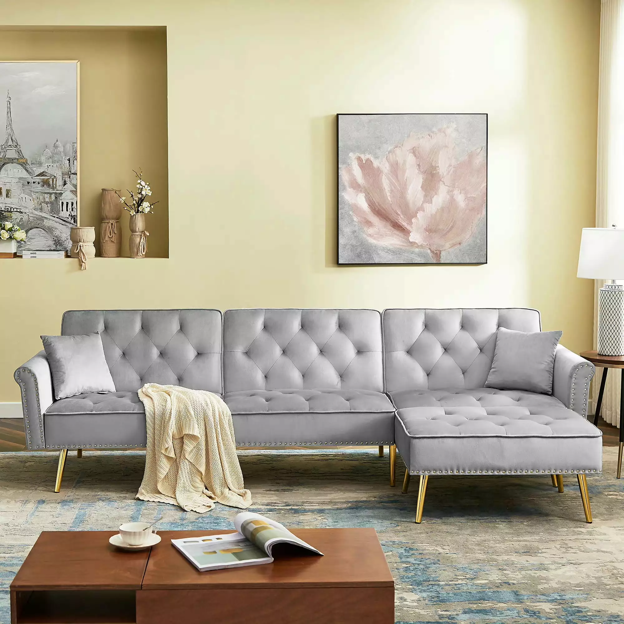 TALEMOHO Velvet Upholstered Sofa Bed-L-shape Sectional Couch with Movable Ottoman and Nailhead Trim-Light Dray