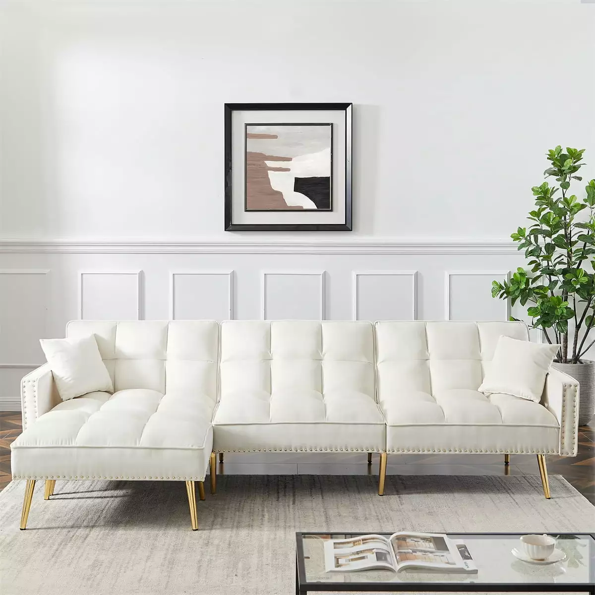 ARCTICSCORPION Velvet Upholstered Reversible Sectional Sofa Bed. Mid-Century Modular Sofa. L Shape Sofa Couch with Movable Ottoman. Modern Convertible Sofa Bed for Living Room Apartment. White