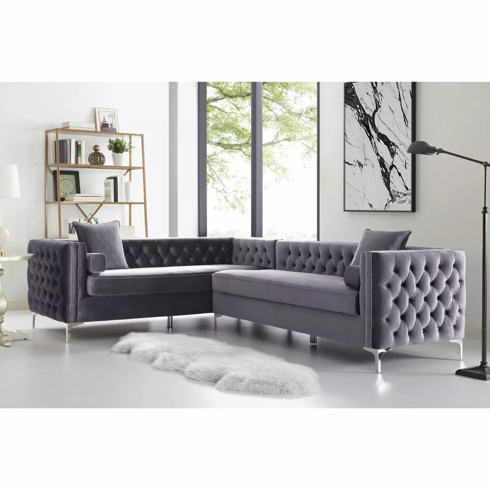 Inspired Home Sania Velvet Corner Sectional Sofa 120 Right Facing Button Tufted Nailhead Trim. Grey