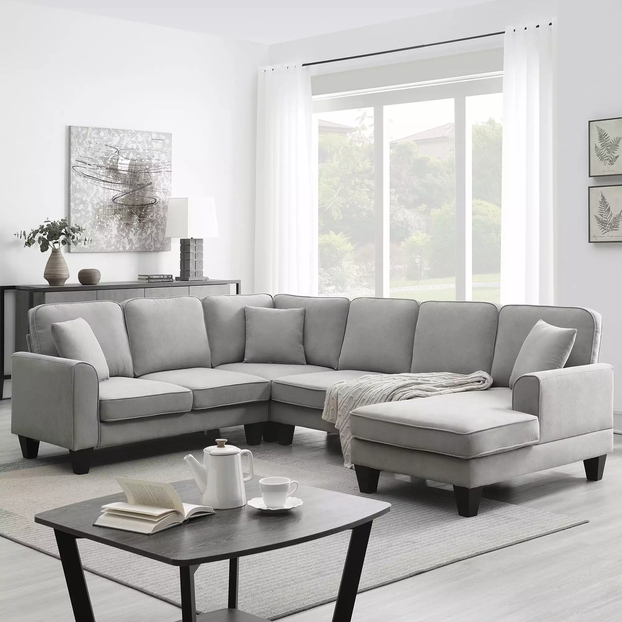 CoSoTower 108*85.5 Modern U Shape Sectional Sofa. 7 Seat Fabric Sectional Sofa Set with 3 Pillows Included for Living Room. Apartment. Office. 3 Colors