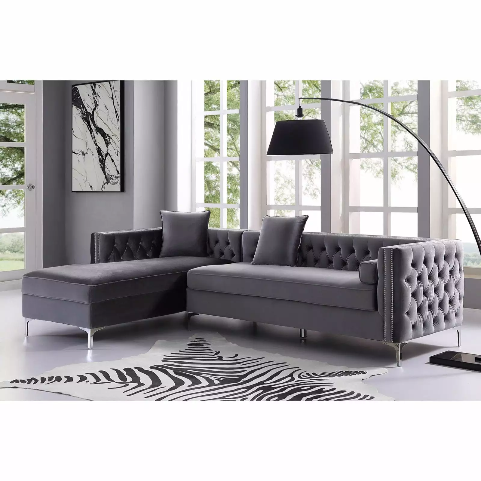 Inspired Home Sania Velvet Chaise Sectional Sofa 115 Left Facing Button Tufted Nailhead Trim. Grey