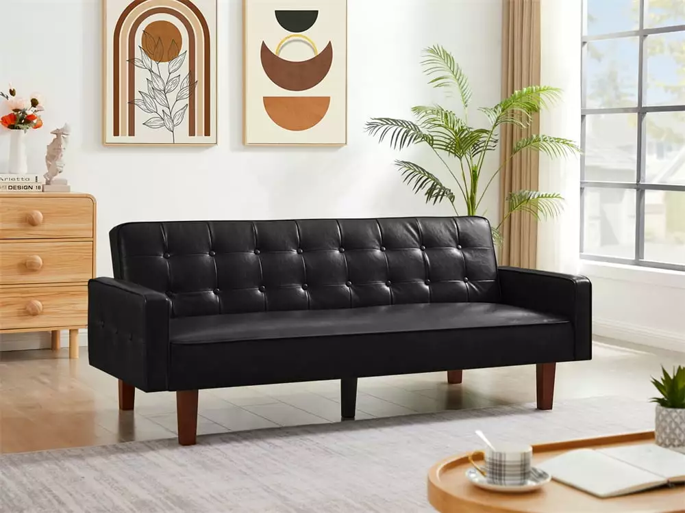 Convertible Sofa Bed With Three Adjustable Positions. PU Leather Couch With Five Wooden Legs and Tufted Buttons Trim. Upholstered Loveseat Couch Bed for Small Space. Living Room. Office. Black