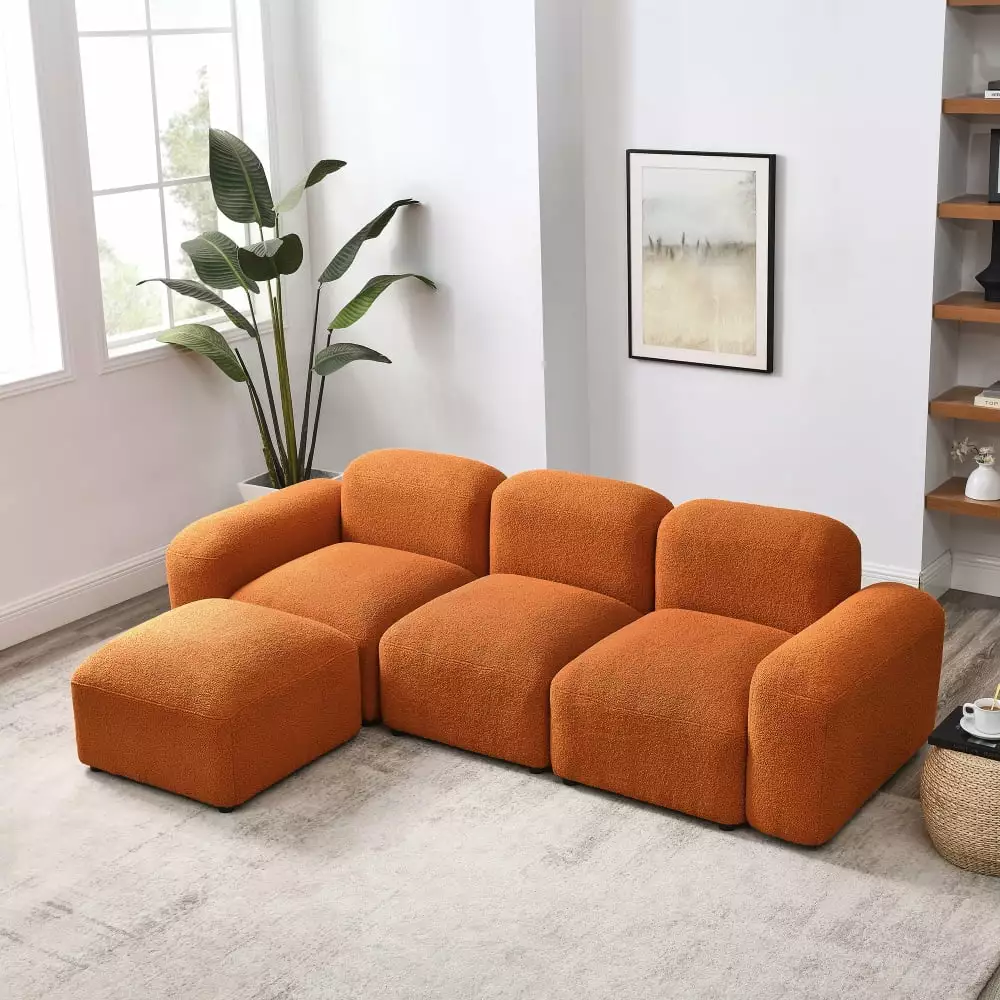 L-Shape Modular Sectional Sofa with DIY Combination. Soft Teddy Fabric. Perfect for Your Living Room (Orange)