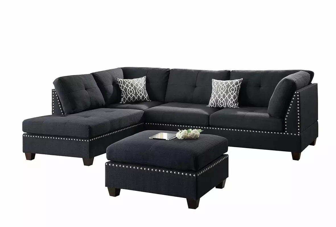 Black Polyfiber Fabric Left or Right Hand Chaise Reversible SECTIONAL Set with Ottoman