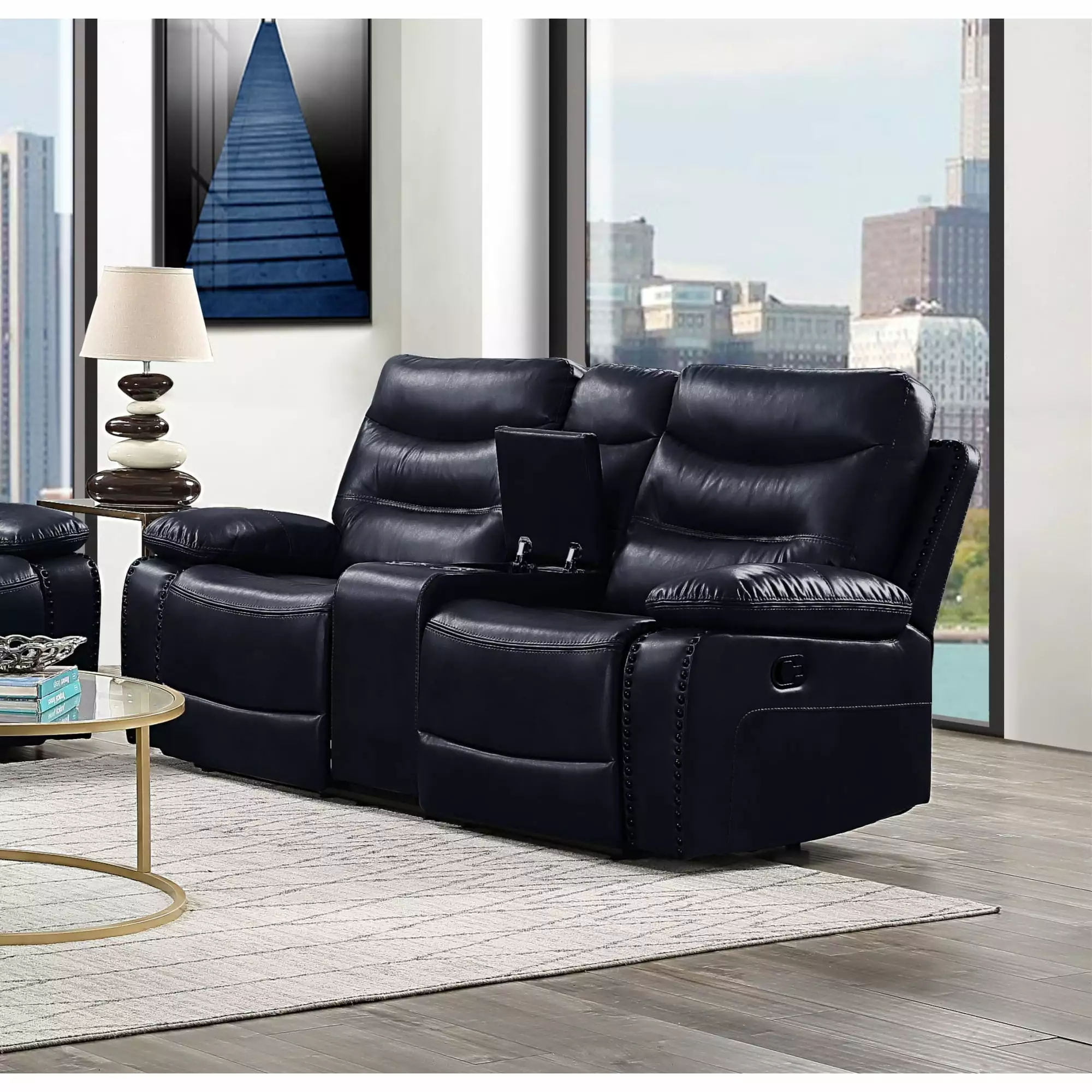 Miekor Furniture Aashi Loveseat w/Console (Motion). Navy Leather-Gel Match