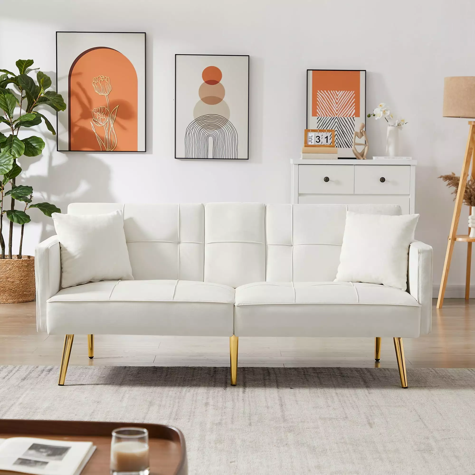 [Two Day Delivery] Cream White VELVET SOFA BED