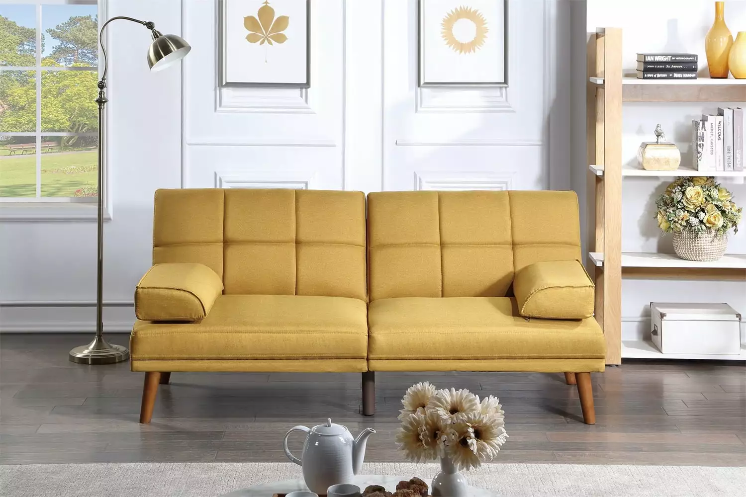 Modern Loveseat. Convertible Sofa Bed Recliner Sofa. Tufted Upholstered Sofa Sleeper with Armrest Design and 6 Solid Wood Legs. Living Room Sofa Couch for Home Office. Mustard