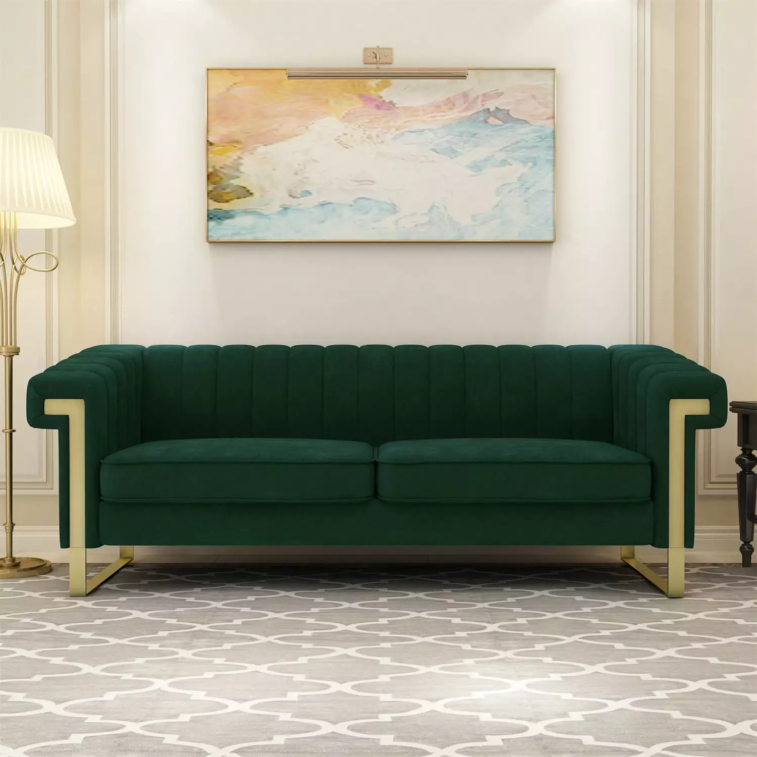 83.85 Velvet Loveseat Sofa. Mid-Century Tufted Upholstered Chesterfield Sofa Couch with Armrest & Removable Cushion & Gold Legs. 3-Seater Accent Sofas for Living Room. Bedroom. Retro Green