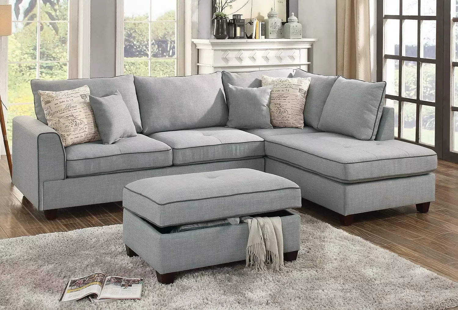 Modern Light Grey Dorris Fabric Reversible Sectional Sofa Chaise Storage Ottoman with 4 Accent Pillows