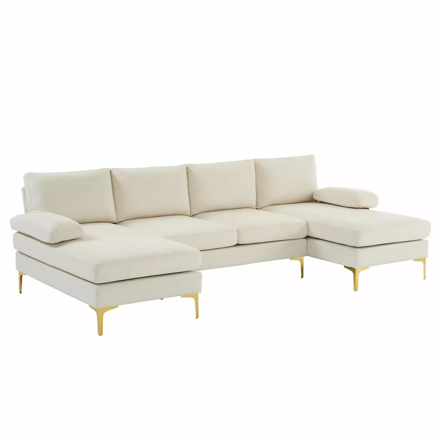 4-Seat Upholstered Sectional Sofa. U-Shaped Indoor Modular Sofa. Leisure Couch Sofa with Double Chaise Lounge and Gold-Plated Feet for Living Room. Beige