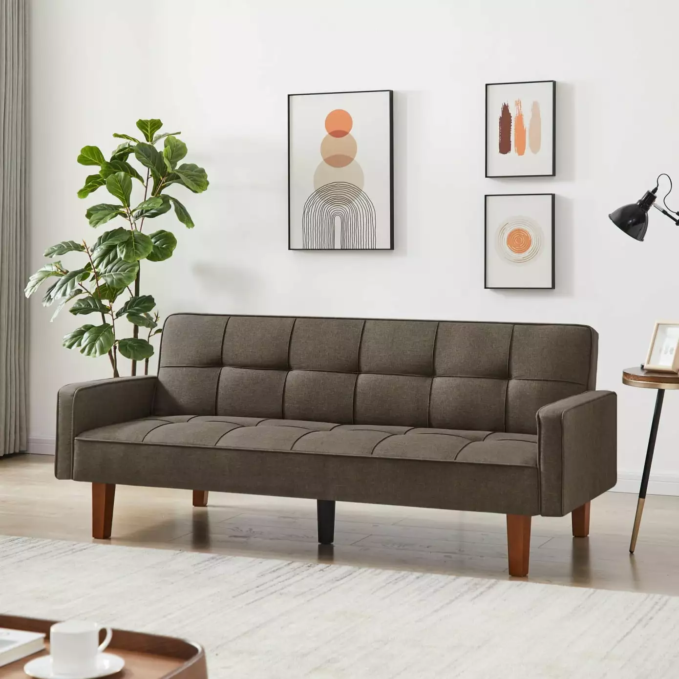 Convertible Sleeper Sofa. Linen Sofa Bed with Arms. Solid Wood Feet and Plastic Centre Legs. Futon Sofa Bed for Small Space. Bedroom. Apartment. Dorm