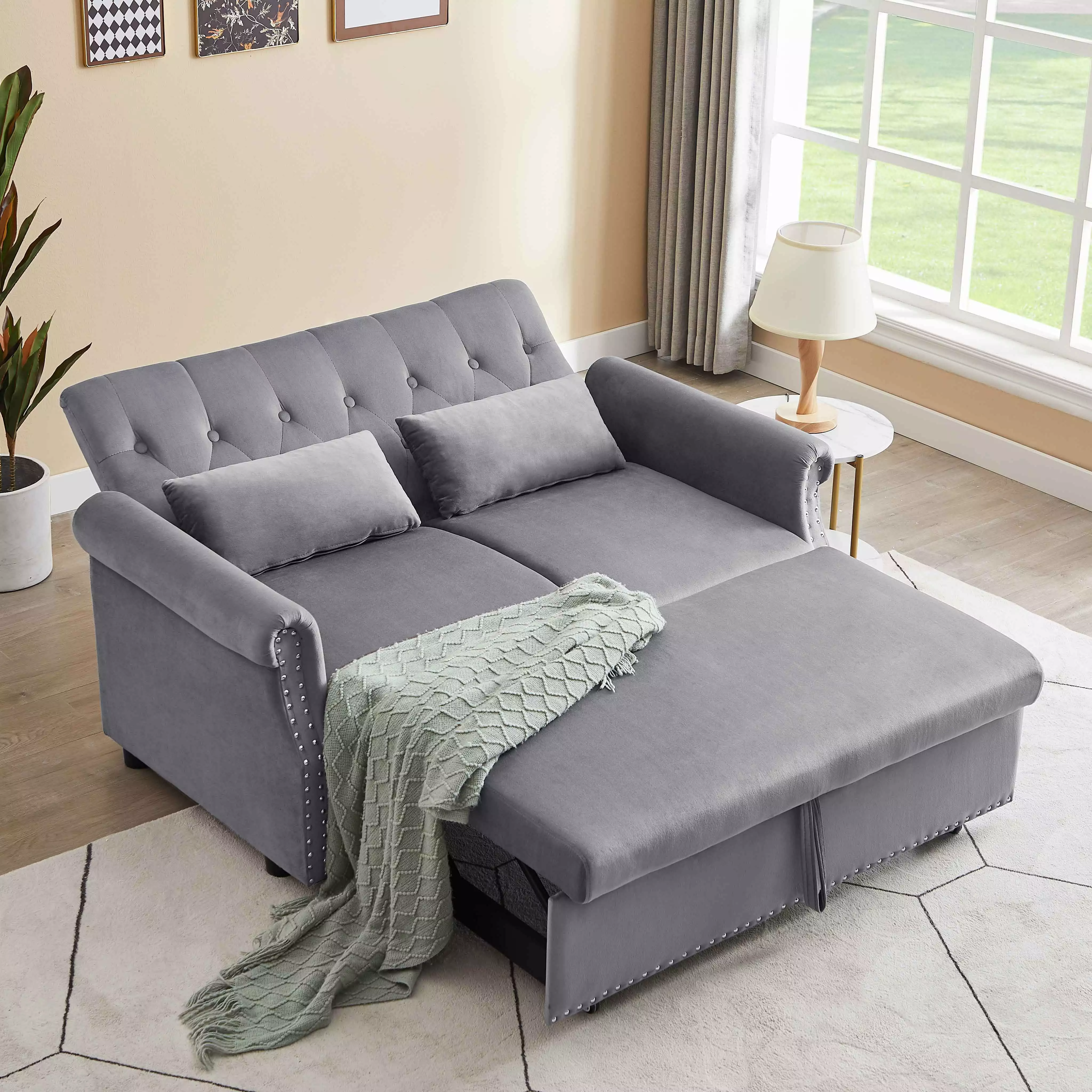 Ucloveria 55 Velvet Convertible Loveseat Sleeper Sofa Couch w/ 2 Lumbar Pillows. Adjustable Pull-Out Bed and Removable Armrest