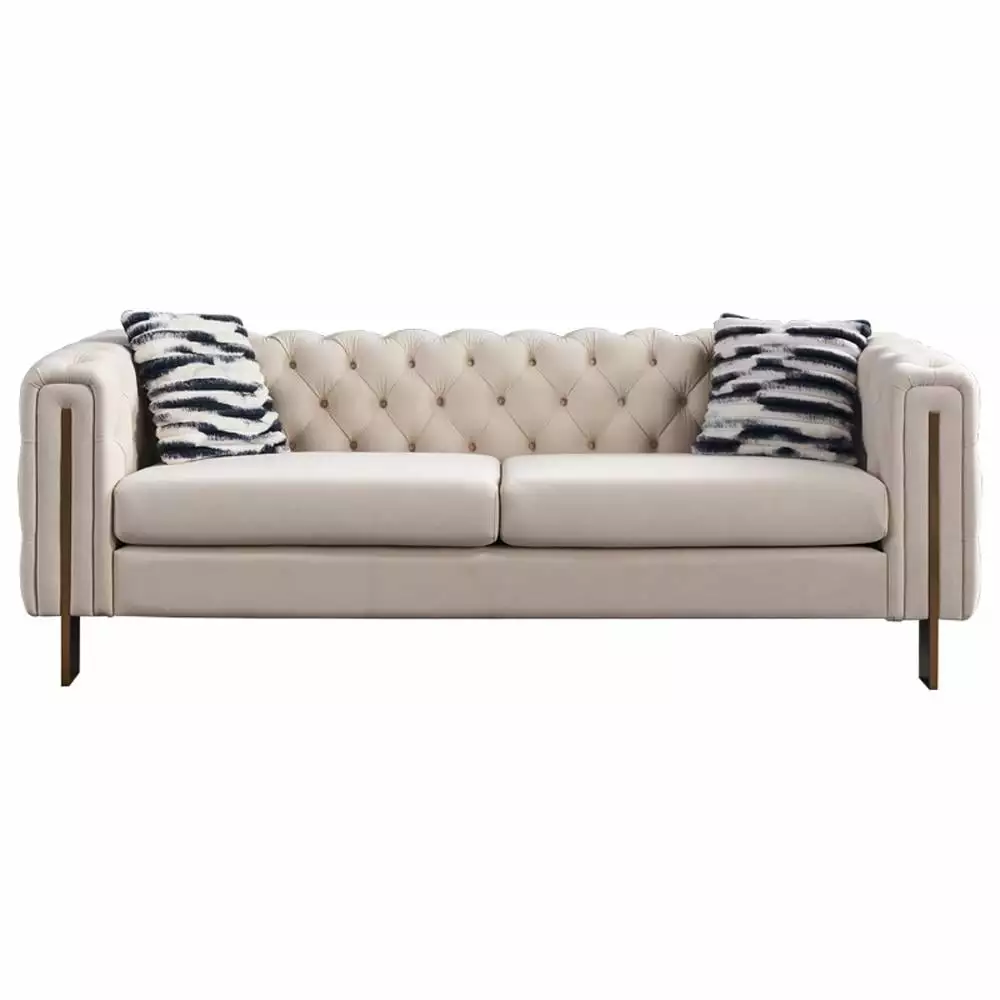 ewnee Chesterfield Velvet Sofa.Button Tufted 3 Seater Sofa Couch with Metal Legs&Two Pillows.Beige