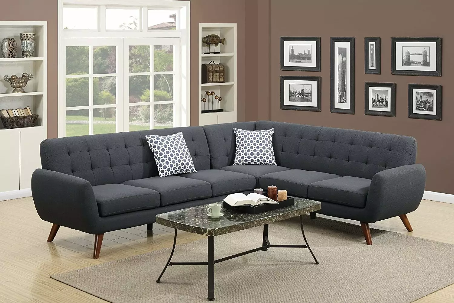 2Pcs Modern Ash Black Polyfiber Linen-Like Fabric Sectional Sofa Set with Clean Lines and Curves and Accent Tufted Back Support for Living Room