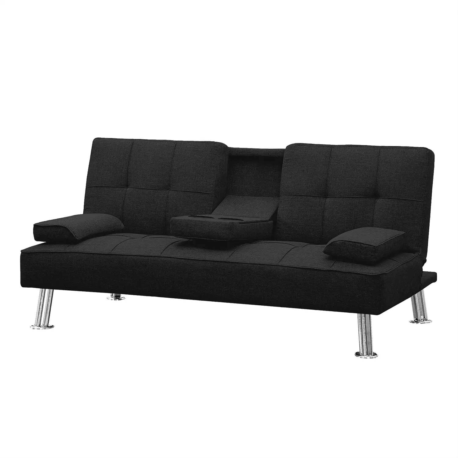 Futon Sofa Bed with 2 Cup Holders. Modern Convertible Folding Sleeper Sofa Couch. Fabric Loveseat Sofa with Removable Armrests and Metal Legs. 3 Adjustable Positions. Black