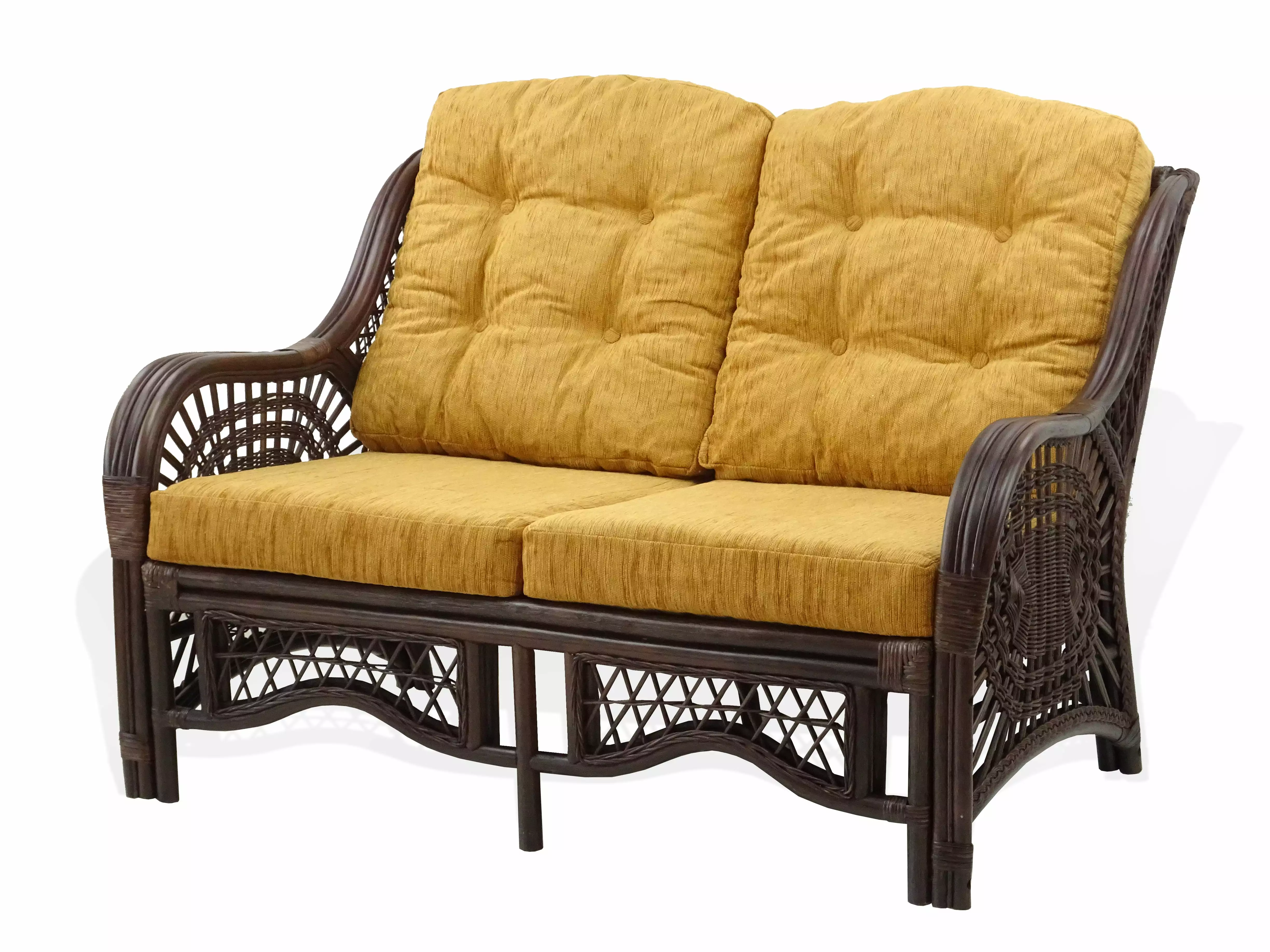 SK New Interiors Lounge Malibu Loveseat Sofa Natural Rattan Wicker Handmade Design w/Light Brown Cushions. Dark Brown