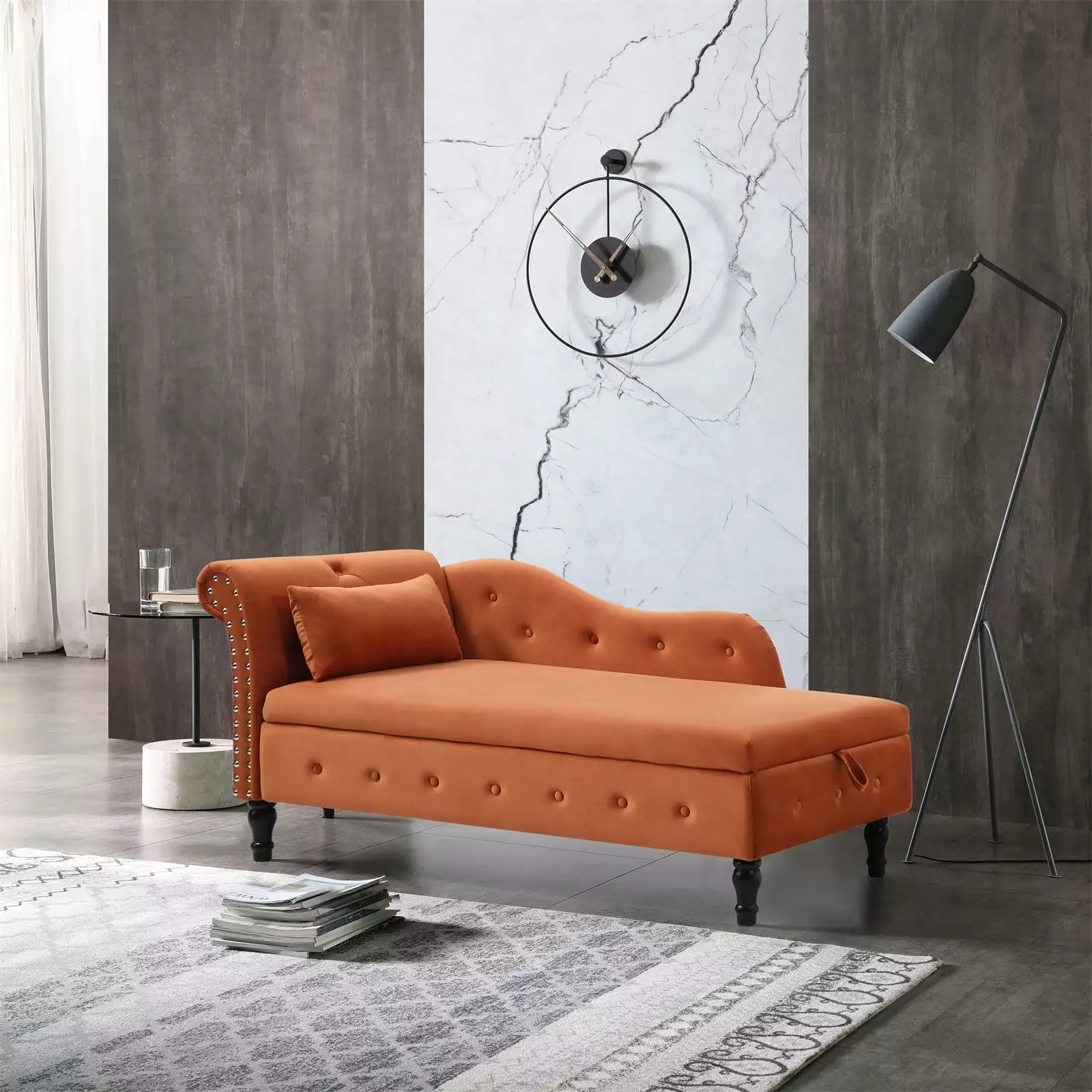 60 Storage Chaise Lounge with 1 Pillow. Velvet Upholstered Chaise Sofa Couch with Nailhead Trim Armrest and Underneath Storage Cabinet. Versatile Sofa with 4 Legs for Living Room Bedroom. Orange