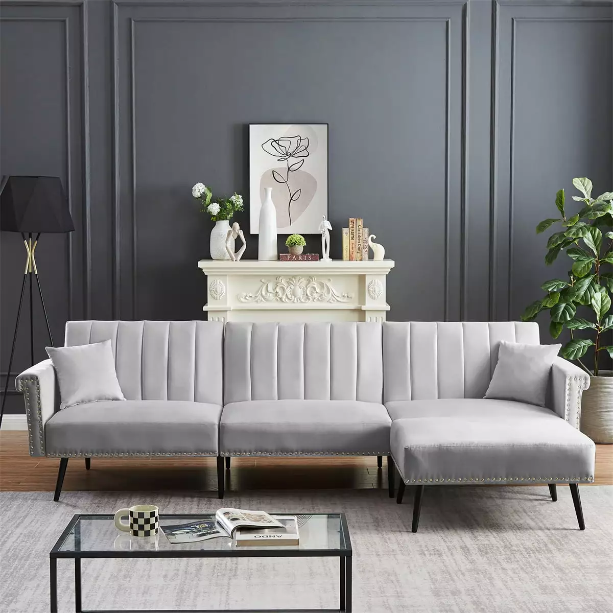 Convertible Sectional Sofa Bed.Modern Upholstered L Shaped Sofa Couch with Movable Ottoman.Velvet Futon Sleeper Sofa with Nailhead Trim and Solid Wood Legs for Living Room Apartment Office.Grey