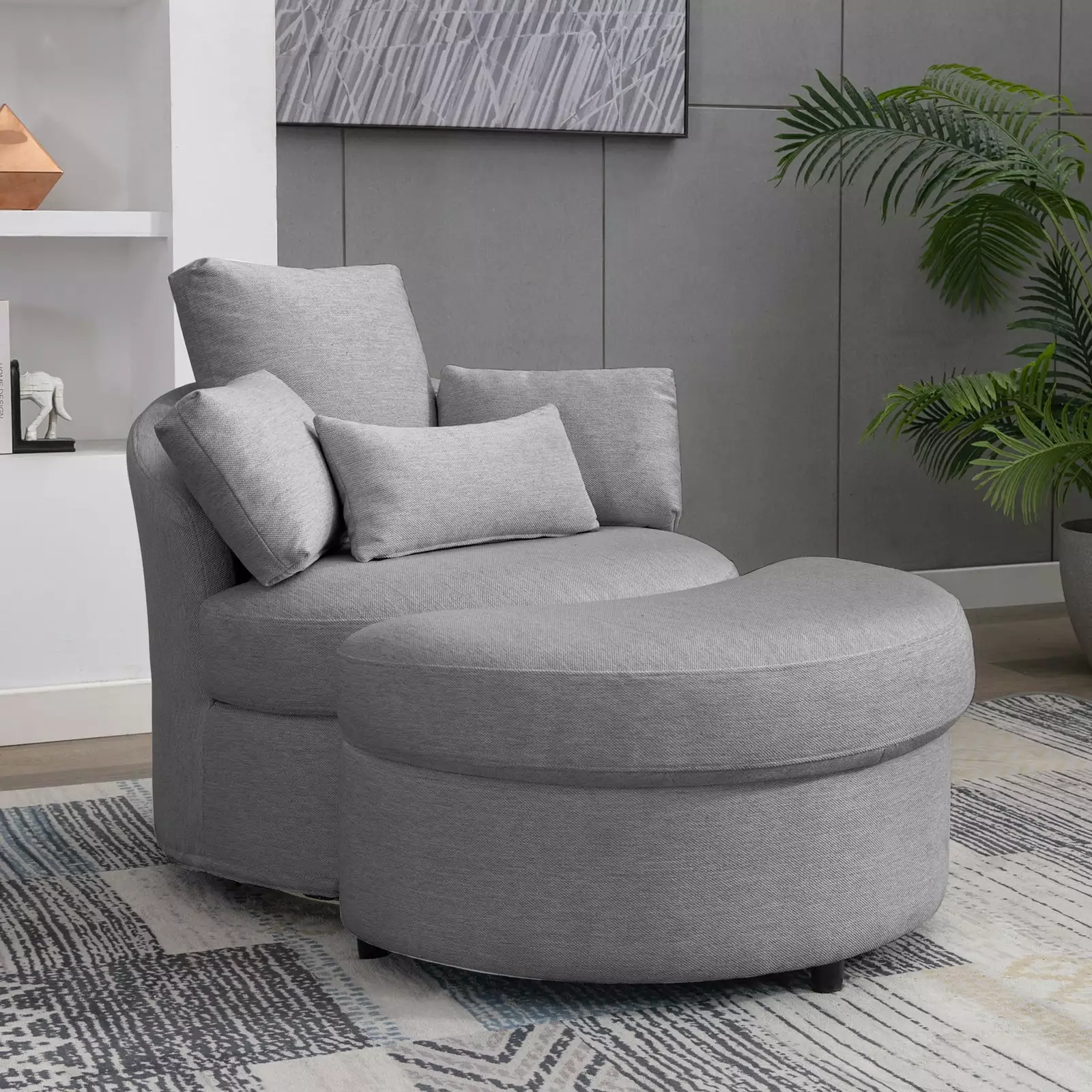 ijuicy Accent Swivel Chair Sofa & Half Moon Storage Ottoman. Swivel Barrel Couch With Futon Pillows. Stylish Lounge Couch Bed For Living Room/Apartment Light Grey