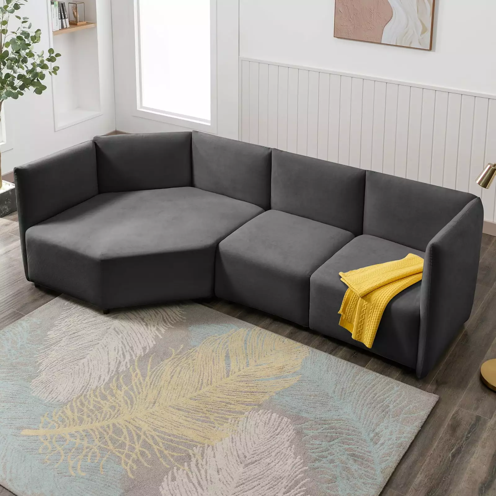 ijuicy Curved Sectional Sofa Couch. Free Combination Modular Sofa with Adjustable Armrest and Backrest. Big 3-Seat Couch with Velvet Upholstered. Modern Petal Sofa for Living Room Apartment- Dark Grey