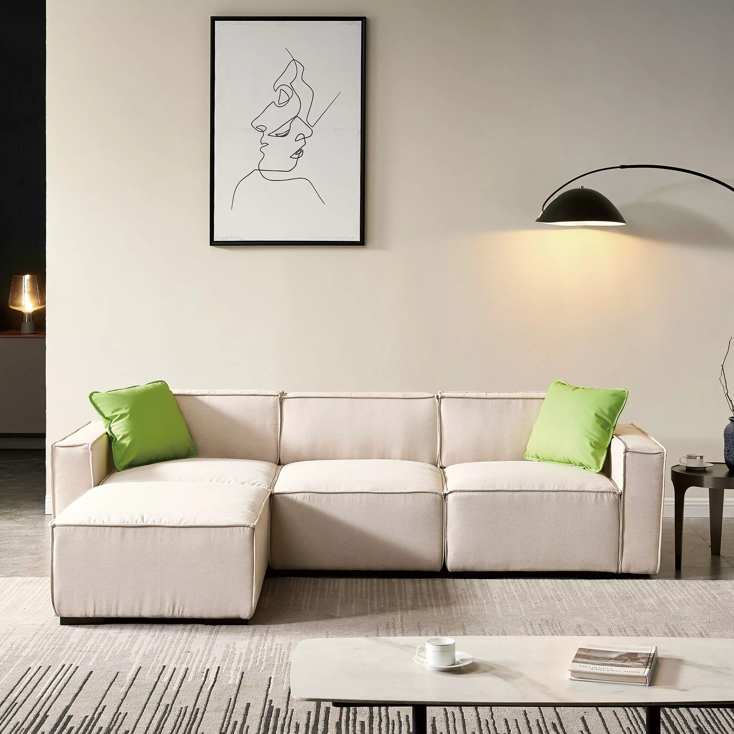 ??video??Modular Sofa L Shape with Convertible Ottoman Chaise(Beige)